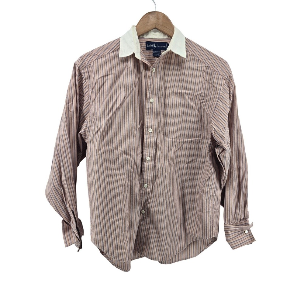 Ralph Lauren Button Up Blouse Womens 8 Pink Striped Contrast Linen Collar Cotton